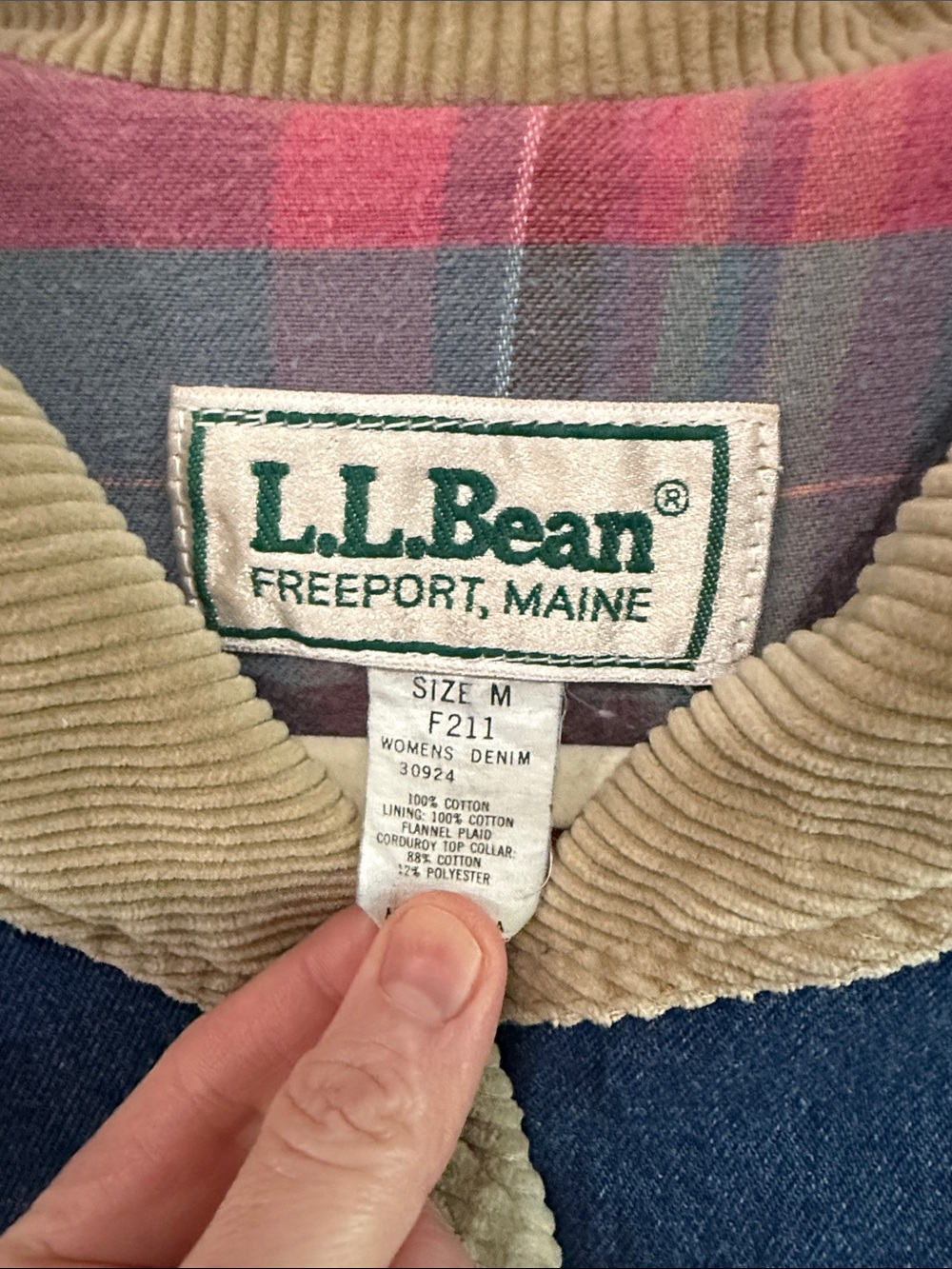 L.L. Bean Blue Denim Jacket with Tan Corduroy Collar and Pink Plaid Lining - Picture 5 of 10